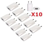 Prise ue blanche - chargeur mural de voyage usb 5v 1a, 10 pices, adaptateur de charge pour apple iphone ...