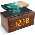 Radio rveil numrique en bois avec radio fm, station de charge sans fil rapide pour iphone / samsung ...
