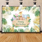 Safari animal joyeux anniversaire toile de fond mignon faune zoo thème fête décoration or vert feuilles ... Safari animal joyeux anniversaire toile de fond mignon faune zoo thème fête décoration or vert feuilles ...