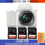 Sony zv - e10 + 16 - 50mm blanc + 3 sandisk 512gb extreme pro uhs - i 170 mb / s + guide pdf  20 techniques ...