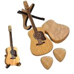 Wooden guitar shaped guitar picks holder with stand, wooden acoustic guitar pick box