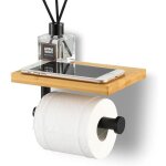 1 porte - papier toilette avec �tag�re, bambou naturel + acier inoxydable sus304 + finition noir mat, ...