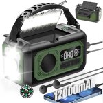12000mah am / fm radio solaire avec manivelle, 2 panneaux solaires, cble usb, 3 mthodes de chargement, ...