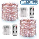 2 x10m guirlande led lumineuse � pile 100 leds fonction minuterie avec t�l�commande ip65 etanche d�coration ...