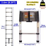 8. 5ft chelle tlescopique 2, 6m en acier inoxydable, echelle extensible multifonctions avec mcanisme ...