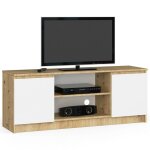 Akord - meuble tv pour salon ch�ne artisan 140 cm 2 portes fa�ade blanche 2 �tag�res 140x40x55 cm