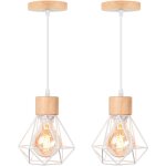 2pcs lustre suspension cage diamant en mtal e27 plafonnier luminaire en bois blanc