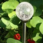 Balise solaire inox et boule verre craquel 8 cm led multicolore