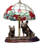 Bouledogue fran�ais - lampe avec abat - jour en vitrail, lampe de table avec statuette de chien, d�coration ...