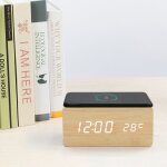 Cadeau noel, r�veil num�rique en bois, chargeur sans fil pour smartphone compatible avec charge induction, ...