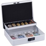 Caisse � monnaie, pratique, combinaison � 3 chiffres, en fer, h x l x p : 8, 5 x 30, 5 x 25 cm, blanche ...