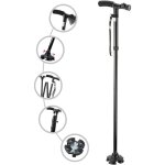 Canne de marche pliable et rglable pour personnes ges avec lumire led, quatre pieds multifonctionnels ...
