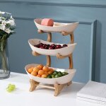 Corbeille  fruits 3 tages, porte - fruits cramique 3 etages avec support en bambou naturel pour fruits, ...