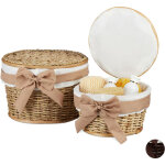 Corbeille de salle de bain panier de rangement couvercle lot de 2 rond en bois buri tress� main, nature ...