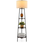 Costway - 41 x 153 cm lampadaire avec 3 �tag�res en bois et abat - jour en lin, lampe haute style moderne, ...