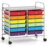 Costway - chariot de rangement � roulettes 12 tiroirs en pp, tour de rangement avec tablette, roues universell ...