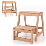 Costway escabeau 2 marches pliable, marche pied bois 3 en 1, tabouret enfants et adultes, bois de sapin ...