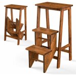 Costway - tabouret escabeau en bois d'hva pliant, marchepied 3 marches, escabeau multifonctionnel avec ...