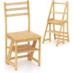 Costway tabouret escabeau pliable 3 en 1, escabeau 3 marches convertible en bambou, coussinet protection ...