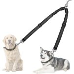 Double dog lead splitter, no tangle 360 rotation dog leash coupler for walking 2 dogs, adjustable shock ...