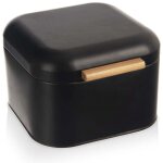 Elegante boite a pain en metal noir avec anse en bambou