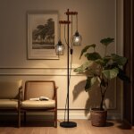 Emke lampe sur pied industrielle - 2 douilles e27, abat - jour fer noir, finition bois brûlé, 1, 5m Emke lampe sur pied industrielle - 2 douilles e27, abat - jour fer noir, finition bois brûlé, 1, 5m