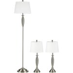 Ensemble d'�clairage 3 pi�ces : 1 lampadaire, 2 lampes de table, design lin, argent et blanc, 38x38x158 ...