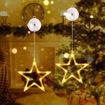 Fentre dcorative de nol avec toile, 10 led rideau lumineux blanc chaud  piles avec ventouses, minuterie, ...