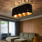 Plafonnier, 4 flammes, plafonnier salle  manger, abat - jour en tissu, motif noir et or, lignes dcor ...