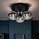 Plafonnier, verre fum, lampe de salle  manger, rond, boule de verre, chambre, mtal noir, 3x e27, dxh ...