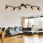 Spot bar, bois, 6 spots, plafonnier, 6 flammes, verre fum, spot orientable, mtal noir, 6x douilles ...