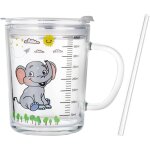Gobelet enfant avec paille, couvercle et poign�e, 35 cl, mignon, en verre, avec graduation pour eau, ...