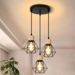Goeco - suspension luminaire bois, lustre industriel metal, 3 lampe, lampe de plafond vintage e27 pour ...