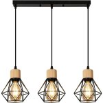 Goeco - suspension luminaire noir et bois, lustre salon industriel metal 3 lampe e27, lampe de chambre ...