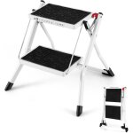 Escabeau � 2 marches, charge 150kg, marchepied pliable en m�tal avec p�dales extra larges et antid�rapantes, ...
