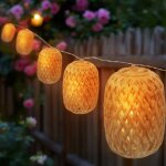 Guirlande lumineuse solaire avec 10 lampions ovales en rotin - 450 cm - clairage led dco de jardin ...