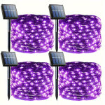 Guirlande lumineuse solaire, 4 paquets 12m 100 led guirlande fil de cuivre solaire ext�rieur violet �tanche ...