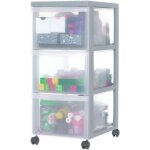 Iris ohyama, tour de rangement  roulettes, plastique, 3 grands tiroirs, gris, ouverture facile, meuble ...