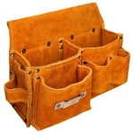 (jaune)sacoche � outils - charpentier - cuir de vachette su�d� - porte - marteau - marron et jaune
