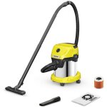 Karcher - aspirateur de chantier eau et pousire wd 3 s v - 15 4 20 1000w avec cuve acier inox 15l soufflerie ...
