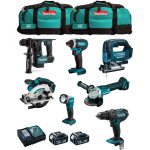 Makita - kit mk701 (ddf482 dhr171 dga504 dtd152 djv182 dss610 dml802 2 x 5, 0 ah dc18rc 2 x lxt600)
