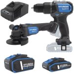 Kit perceuse � percussion et meuleuse d'angle sans fil hyundai 2 batteries 20v 2ah / 4ah et chargeur ...