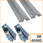 Kit pour portail coulissant jusqu'� 6m - 2 rails gorge ronde de 3m de long - 2 roues de 80mm qui supportent ...