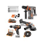 Pack outils 20v sans fil fuxtec meuleuse d'angle, visseuse et marteau perforateur, avec batteries et ...