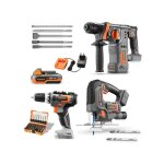 Pack d'outils 20v sans fil - fuxtec - scie sauteuse, visseuse sans fil et marteau perforateur, avec batteries ... Pack d'outils 20v sans fil - fuxtec - scie sauteuse, visseuse sans fil et marteau perforateur, avec batteries ...