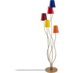 Lampadaire design 5 lampes roselin h160cm m�tal or et tissu bleu, rouge, jaune et orange