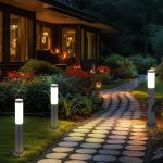 Lampadaire avec douille et prise d�tecteur de mouvement colonne de jardin avec lumi�re, acier inoxydable ...