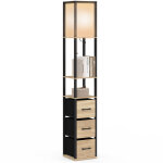 Lampadaire industriel en bois noir avec �tag�res bois clair 3 tiroirs tissu utah et abat - jour carr� ...