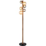 Lampadaire, lampe sur pied, lampe de bureau, m�tal, noir mat, bois, globes en verre, h 150 cm