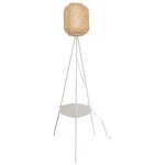 Lampadaire tr�pied blanc avec tablette et abat - jour en bambou